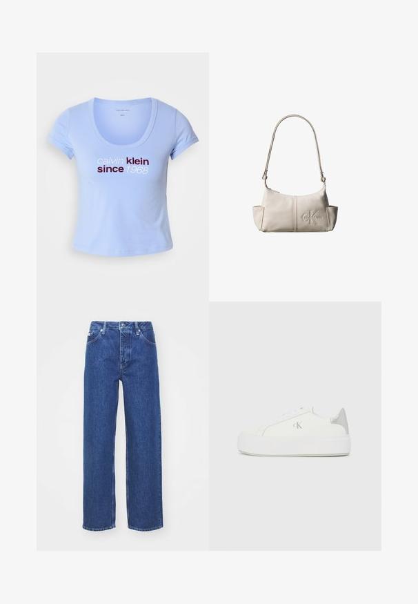 Svetlomodré bavlnené tričko s krátkymi rukávmi, s výstrihom do tvaru lode a textom "calvin klein since 1968" v tmavočervenej a bielej farbe na prednej strane.; Modré denimové nohavice so širokými nohavicami a vysokým pásom, so zipsom a zapínaním na gombík, pútkami na opasok a jemným vyblednutím látky.; Biele plátené tenisky s hrubou bielou podrážkou, so strieborným kovovým akcentom na päte a jemným logom na boku.; Malá béžová kožená kabelka cez rameno s nastaviteľným popruhom a vyrazeným logom Calvin Klein v prednej časti v strede.