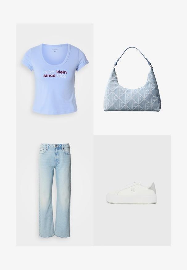 Svetlomodré bavlnené tričko s krátkymi rukávmi, s výstrihom do tvaru lode a textom "calvin klein since 1968" v tmavočervenej a bielej farbe na prednej strane.; Svetlomodré široké džínsy vyrobené z denimu, s klasickým päť-pocket dizajnom a jemnou vyblednutou textúrou. Švy z denimu sú viditeľné.; Biele plátené tenisky s hrubou bielou podrážkou, so strieborným kovovým akcentom na päte a jemným logom na boku.; Svetlomodrá rifľová taška cez rameno s geometrickým vzorom diamantov a sŕdc, vybavená jedným nastaviteľným popruhom a zapínaním na zips.