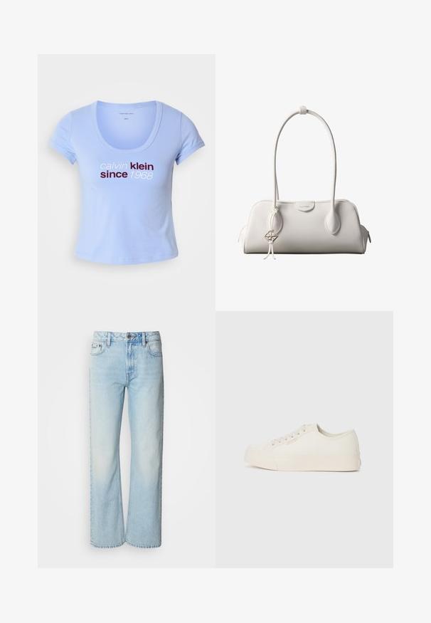 Camiseta de algodón azul clara con mangas cortas, escote redondeado y el texto "calvin klein desde 1968" en rojo oscuro y blanco en el frente.; Vaqueros de pierna ancha azul claro confeccionados en denim, con un diseño clásico de cinco bolsillos y una sutil textura deslavada. La costura del denim es visible.; Zapatillas de lona color marfil, con un diseño de corte bajo, punta redonda y suela de goma plana con un sutil detalle de costura.; Bolso de hombro blanco de Calvin Klein con asas largas, forma rectangular, cierre de cremallera y charm decorativo con el logo colgando cerca del asa.