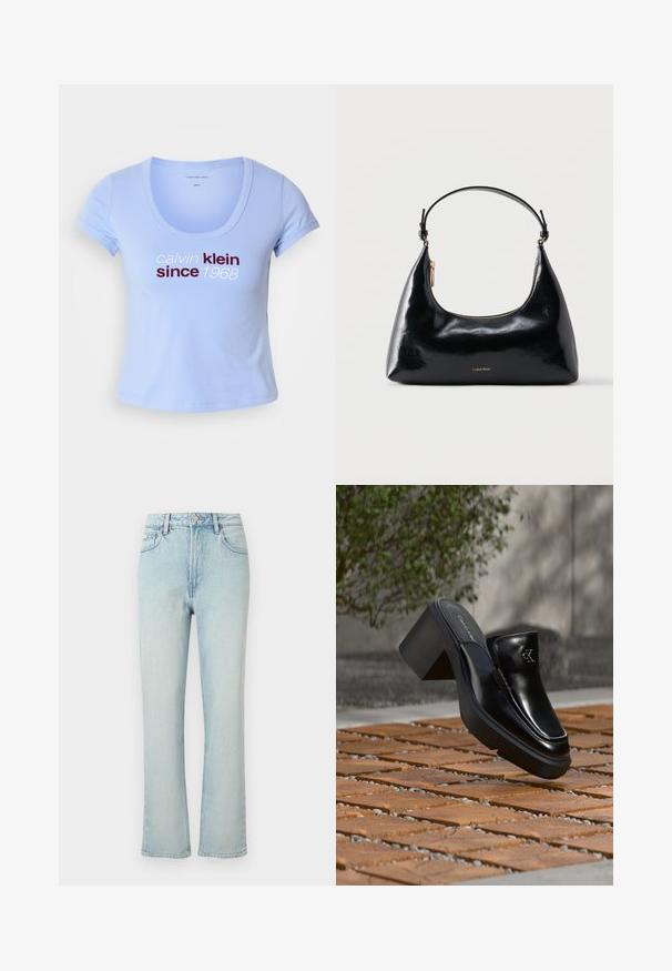 Ανοιχτό μπλε βαμβακερό t-shirt με κοντό μανίκι, με στρογγυλή λαιμόκοψη και κείμενο "calvin klein since 1968" σε σκούρο κόκκινο και λευκό μπροστά.; Σκούρο γαλάζιο τζιν ψηλόμεσο με ίσια γραμμή, με εμπρόσθιο κουμπί, θηλιές για ζώνη και κλασικό σχέδιο με πέντε τσέπες σε απλό φόντο.; Μαύρο δερμάτινο slip-on mule από Calvin Klein με χοντρό τακούνι που ακουμπά σε ξύλινα πλακάκια σε εξωτερικό χώρο κοντά σε ένα πράσινο φυτό και γκρίζο τοίχο.; Μαύρη γυαλιστερή τσάντα Calvin Klein με χρυστό φερμουάρ και κοντό λουρί σε απλό λευκό φόντο.