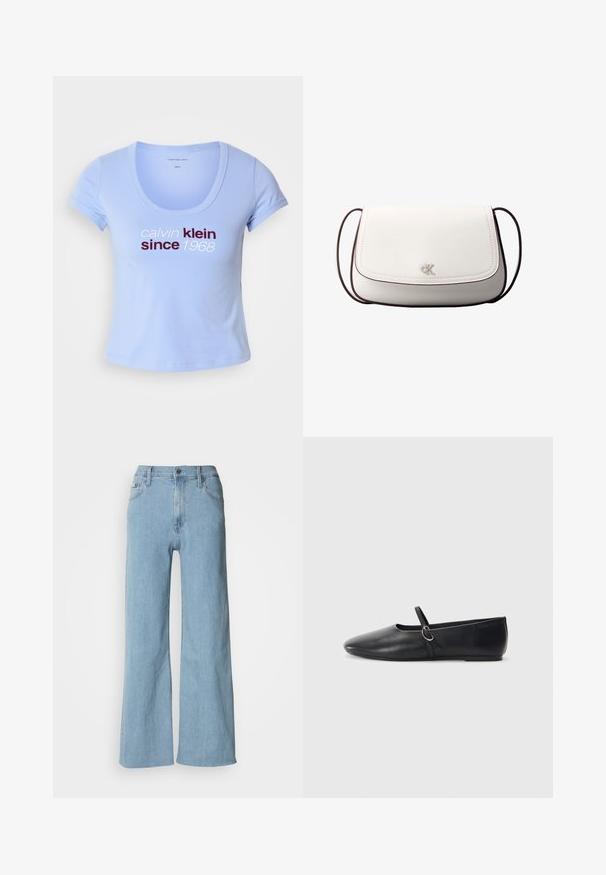 Svetlomodré bavlnené tričko s krátkymi rukávmi, s výstrihom do tvaru lode a textom "calvin klein since 1968" v tmavočervenej a bielej farbe na prednej strane.; Svetlomodré široké džínsy vyrobené z denimu, s upnutým pásom, piatimi vreckami a jemnými švovými detailmi.; Čierne kožené baletky s špicatou špičkou, plochou podrážkou a malým remienkom so striebornou prackou.; Biela kabelka cez rameno s preklápacím zapínaním, malým strieborným logom "cK" v strede a tenkým tmavohnedým nastaviteľným popruhom.
