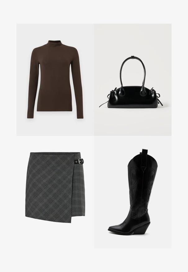 Bruine lange mouw turtleneck top gemaakt van zachte stof. Strak ontwerp met een hoge hals en naadloze mouwen. Geen zichtbare patronen of hardware.; Donkergrijze geruite wollen wikkelrok met zwarte gespdetail aan de rechterzijde, rechte zoom en subtiele diagonale lijnenpatroon.; Zwarte leren cowboylaars met puntige neus, schuine blokhak, decoratieve stiksels en aantreklusjes bovenaan tegen een witte achtergrond.; Kleine zwarte glanzende handtas met twee lange hengsels en zijkant trekkoord details op een effen lichte achtergrond.