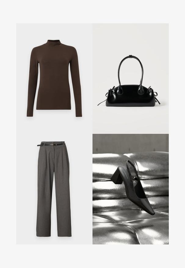 Brun langærmet turtleneck-top lavet af blødt stof. Tætsiddende design med høj krave og sømløse ærmer. Ingen synlige mønstre eller hardware.; Grå bukser med høj talje, plissering og sidelommer, stylet med et tyndt sort bælte med en rund guldlås.; Sort slingback-hæl med spids tå, der har en tekstureret overflade og en chunky blokhæl. Lagt mod en skinnende, metallisk baggrund.; Lille sort blank håndtaske med to lange håndtag og snøre-detaljer i siden på en ensfarvet lys baggrund.