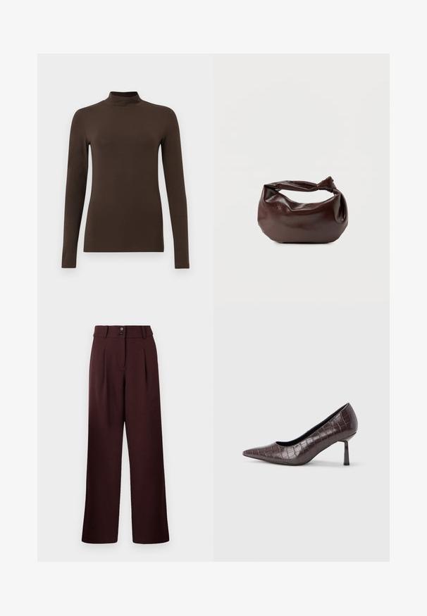 Bruine lange mouw turtleneck top gemaakt van zachte stof. Strak ontwerp met een hoge hals en naadloze mouwen. Geen zichtbare patronen of hardware.; Wijde broek in donker bordeaux, met een hoge taille, twee voorkreuken en een sluiting met twee knopen. Gemaakt van gestructureerde stof.; Bruine nepleren pumps met een puntige neus en krokodillenstructuur, voorzien van een slanke, hoekige hak en een gladde binnenvoering.; Donkerbruine leren schoudertas met een zachte, slungelige vorm en een gedraaide knoopvormige handgreep op een effen witte achtergrond.