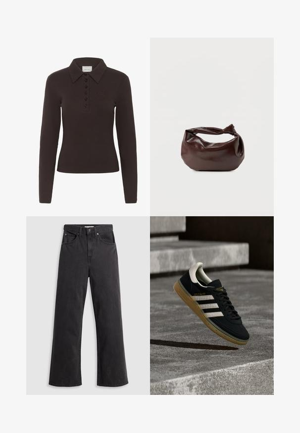 Camisa polo de manga larga marrón oscuro con seis botones negros y un pequeño logo bordado en el lado izquierdo del pecho.; Jeans de mezclilla negra de pierna ancha con cintura alta, cinco bolsillos y cierre de botón metálico. La tela tiene una textura suave y ligeramente desvaída.; Zapatilla de ante negra con rayas blancas y logo dorado, con suela de goma texturizada color goma y una lengüeta del talón en crema contrastante.; Bolso de hombro de cuero marrón oscuro con una forma suave y caída, y un asa con nudo torcido sobre un fondo blanco liso.