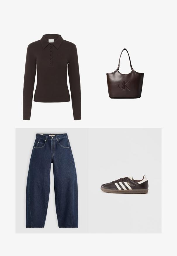 Camisa polo de manga larga marrón oscuro con seis botones negros y un pequeño logo bordado en el lado izquierdo del pecho.; Jeans de mezclilla azul oscuro con un ajuste holgado, costuras claras, cinco bolsillos y un cierre de botón en la cintura.; Zapatillas deportivas de cuero marrón oscuro con diseño de tres franjas blancas, suela de goma y la palabra "Samba" en letras doradas en el lateral. Forma clásica de corte bajo.; Bolso tote de cuero marrón oscuro con asas largas y gran logo "cK" en relieve en el centro delantero.