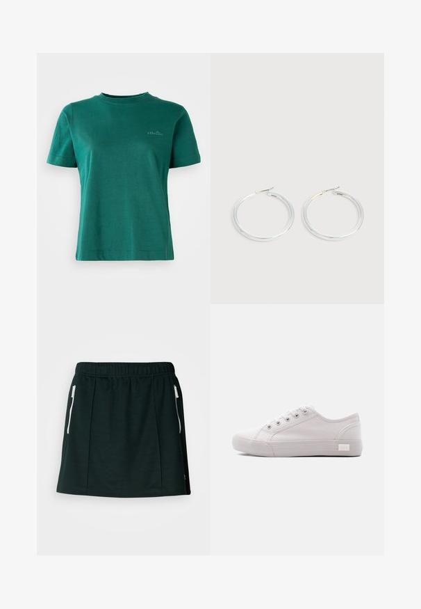 Groene T-shirt met korte mouwen, gemaakt van zachte stof, met een ronde hals en een subtiele logoaccent op de voorkant.; Zwarte sportrok van zachte stof, met een elastische tailleband, twee zijzakken met rits en plooi-details voor een gestructureerde vorm.; Witte, lage canvas sneaker met vetersluiting aan de voorkant en rubberen zool, gezien vanaf de zijkant.; Een paar glanzende zilveren oorringen met dunne draadafsluitingen, getoond op een lichtgrijze achtergrond.
