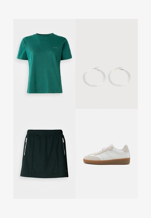Grüne Kurzarm-T-Shirt aus weichem Stoff mit Rundhalsausschnitt und dezentem Logo-Detail auf der Vorderseite.; Schwarzer Sportrock aus weichem Material, mit einem elastischen Bund, zwei seitlichen Reißverschlusstaschen und Falten-Details für eine strukturierte Form.; Weiße Leder-Sneaker mit beige Suede-Akzenten, strukturiertem Zungenbereich und Gummisohle. Verfügt über weiße Schnürsenkel und dezente eingestickte Details.; Paar glänzende silberne Creolen mit dünnen Drahtverschlüssen, dargestellt vor einem hellgrauen Hintergrund.