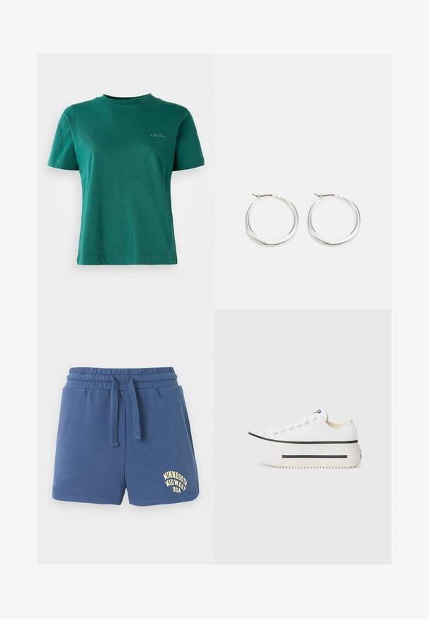 Camiseta verde de manga corta, hecha de una tela suave, con escote redondo y un sutil acento de logo en la parte delantera.; Pantalones cortos con cinturilla elástica azul, cordón ajustable, bolsillos laterales y texto impreso en amarillo "Minnesota Midwest USA" en la pierna izquierda.; Zapatillas de plataforma de lona blanca con suela de goma negra, puntera redonda y ojetes metálicos, que presentan un diseño simple y limpio.; Los pendientes de aro de plata presentan un diseño suave y redondeado con un perfil delgado y un cierre seguro. Estilo minimalista con un acabado pulido.