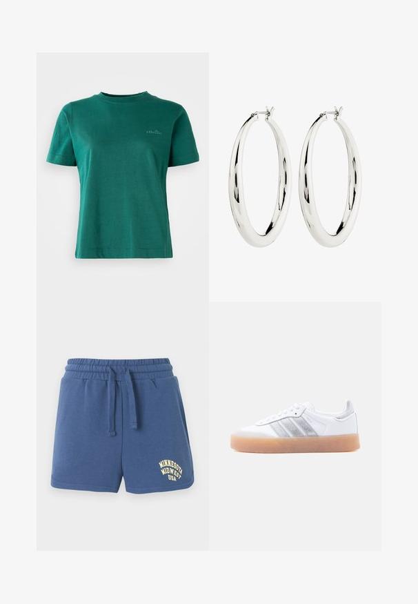 Camiseta verde de manga corta, hecha de una tela suave, con escote redondo y un sutil acento de logo en la parte delantera.; Pantalones cortos con cinturilla elástica azul, cordón ajustable, bolsillos laterales y texto impreso en amarillo "Minnesota Midwest USA" en la pierna izquierda.; Zapatilla blanca de perfil bajo con suela de goma, acentos laterales plateados a rayas y cierre de cordones, mostrada sobre un fondo claro y liso.; Pendientes de aro de plata con una superficie lisa y reflectante. Forma redonda y grande con un cierre seguro en la parte superior. El acabado pulido resalta el brillo.