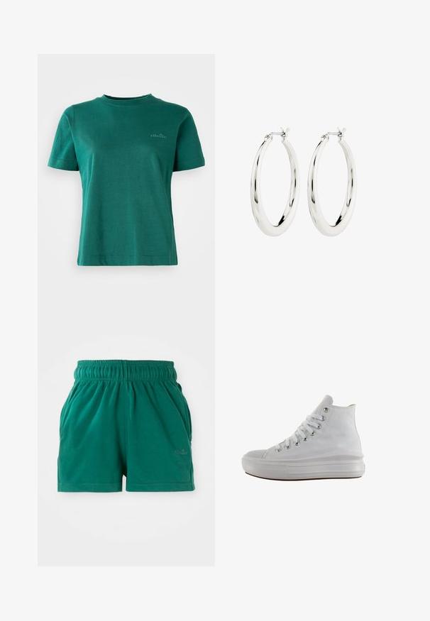 Camiseta verde de manga corta, hecha de una tela suave, con escote redondo y un sutil acento de logo en la parte delantera.; Pantalones cortos casuales verdes con cintura elástica, bolsillos laterales y un sutil logo en la pierna delantera derecha.; Zapatilla de lona blanca de caña alta con cordones blancos, ojales metálicos, suela gruesa de goma y puntera texturizada, mirando hacia la izquierda sobre un fondo blanco.; Pendientes de aro de plata con un acabado suave y brillante. Forma circular, con un cierre seguro. Diseño sencillo y elegante.