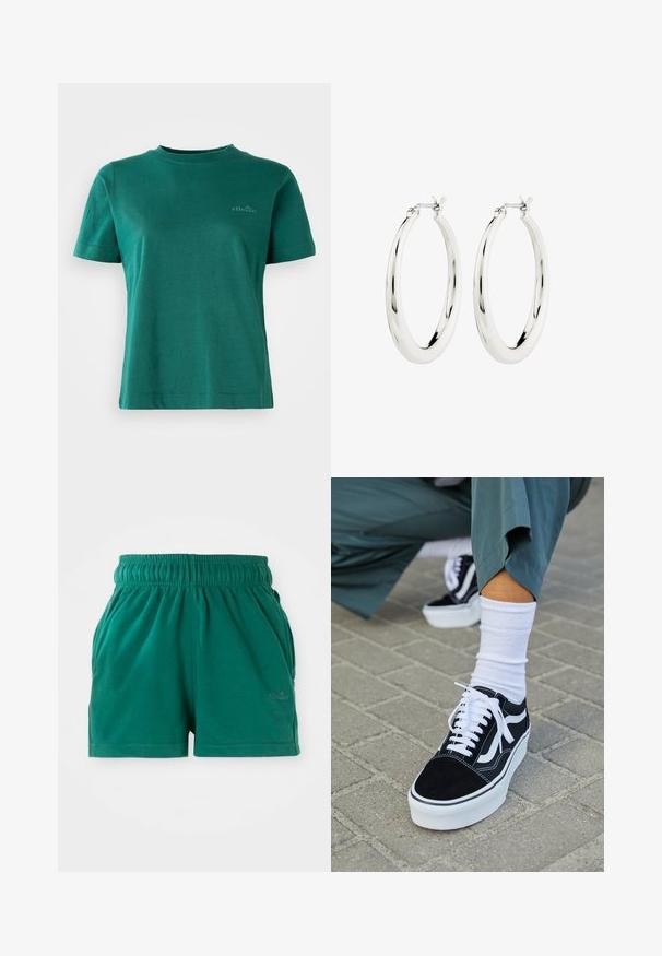 Camiseta verde de manga corta, hecha de una tela suave, con escote redondo y un sutil acento de logo en la parte delantera.; Pantalones cortos casuales verdes con cintura elástica, bolsillos laterales y un sutil logo en la pierna delantera derecha.; Zapatillas de ante negro con acentos y cordones blancos, que cuentan con una gruesa suela blanca y costuras en contraste, combinadas con un calcetín blanco.; Pendientes de aro de plata con un acabado suave y brillante. Forma circular, con un cierre seguro. Diseño sencillo y elegante.