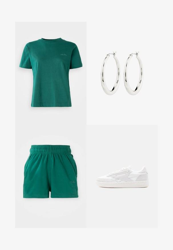 Grøn kortærmet t-shirt lavet af blødt stof med rund halsudskæring og et subtilt logopræg på forsiden.; Grønne elastiske casual shorts med sidelommer og en diskret logo på højre ben.; Hvid lav Reebok-sneaker med ruskindsoverlejringer, snøredesign og tekstureret gummisål på en simpel lys baggrund.; Sølvøreringe i form af hoops med en glat, blank finish. Cirkulær form, der har en sikker lås. Simpelt og elegant design.