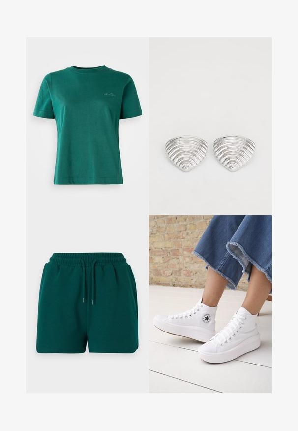 Camiseta verde de manga corta, hecha de una tela suave, con escote redondo y un sutil acento de logo en la parte delantera.; Pantalones cortos de cintura elástica en verde oscuro con cordón, bolsillos laterales y una textura de tela suave, mostrados sobre un fondo liso.; Persona que lleva zapatillas Converse altas blancas con suelas gruesas y vaqueros azules recortados con dobladillo deshilachado frente a una pared de ladrillos y suelo blanco.; Pendientes en tono plateado con un diseño ondulado y texturizado, con forma de media lunas superpuestas; el acabado pulido realza las cualidades reflectantes.
