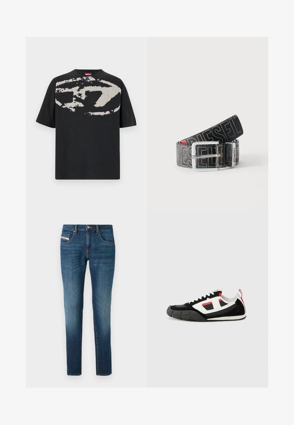 T-shirt noir avec un grand motif abstrait gris clair sur le devant. Manches courtes et encolure ronde classique. Matière en coton.; Jean en denim bleu foncé avec un léger délavage, coupe droite, cinq poches et des détails de couture contrastés.; Diesel S PAGODHA LOW - Baskets basses - black; Ceinture noire Diesel avec grand texte logo blanc, boucle rectangulaire en argent, et détail de boucle métallique brandée, enroulée sur un fond clair.