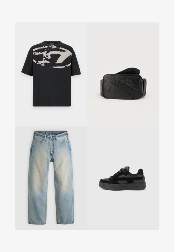 Sort t-shirt med et stort, abstrakt lys grå grafik foran. Korte ærmer og en klassisk rund halsudskæring. Materialet er bomuld.; Lyseblå denimjeans med afslappet pasform, mellem vask, lige ben, kobbernitter og klassisk fem-lomme-design.; Sort sneakersko med en kombination af glatte og teksturerede materialer, med rundet snude, tyk sål og snørelukning. Minimalistisk design med accenter.; Sort bælte med et struktureret design og et fremtrædende præget logo. Materialet virker glat med en læderlignende finish.