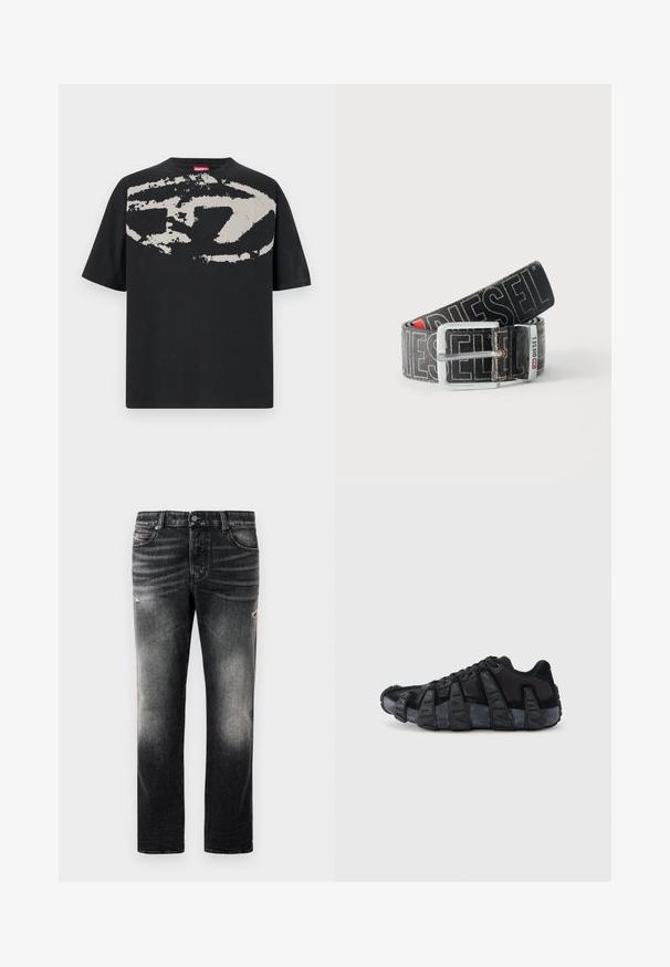 Schwarzes T-Shirt mit einem großen, abstrakten hellgrauen Grafik auf der Vorderseite. Mit kurzen Ärmeln und einem klassischen, runden Halsausschnitt. Aus Baumwolle.; Schwarze Jeans mit einem verblassten Finish und verwaschenen Akzenten, klassisches Fünf-Taschen-Design und Reißverschluss. Hergestellt aus Denim-Stoff.; Schwarzer Sneaker mit übertriebener gerippter Sohle, Schnürdesign und Obermaterial aus gemischtem Textil und Wildleder, von der Außenseite vor weißem Hintergrund gezeigt.; Schwarzer Diesel-Gürtel mit großem weißen Logotext, rechteckiger silberner Schnalle und gebrandetem Metallschlaufen-Detail, aufgewickelt auf hellem Hintergrund.