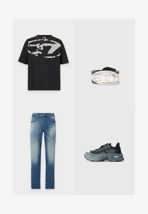 T-shirt noir avec un grand motif abstrait gris clair sur le devant. Manches courtes et encolure ronde classique. Matière en coton.; Jeans en denim bleu avec un design à jambe droite, présentant un léger délavage, un petit détail usé à l'avant et un style classique à cinq poches.; Baskets Diesel noires et grises avec semelle épaisse, système de laçage à bascule et design texturé sur fond gris clair uni.; Ceinture en cuir noir roulée avec une grande boucle ovale en argent ornée d'un "D" stylisé en relief.