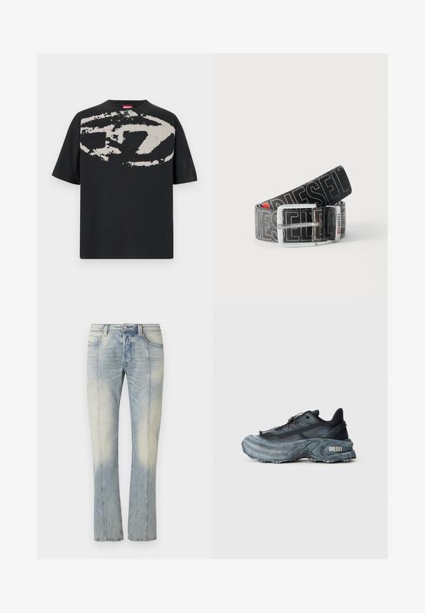 Schwarzes T-Shirt mit einem großen, abstrakten hellgrauen Grafik auf der Vorderseite. Mit kurzen Ärmeln und einem klassischen, runden Halsausschnitt. Aus Baumwolle.; Hellblaue Jeans aus Denim mit geradem Bein, doppelt abgesteppten Nähten, Fronttaschen und einem verwaschenen Finish. Kein sichtbares Markenzeichen.; Schwarz- und graue Diesel-Sneaker mit dicker Sohle, Schnürverschluss und strukturiertem Design auf einem schlichten hellgrauen Hintergrund.; Schwarzer Diesel-Gürtel mit großem weißen Logotext, rechteckiger silberner Schnalle und gebrandetem Metallschlaufen-Detail, aufgewickelt auf hellem Hintergrund.