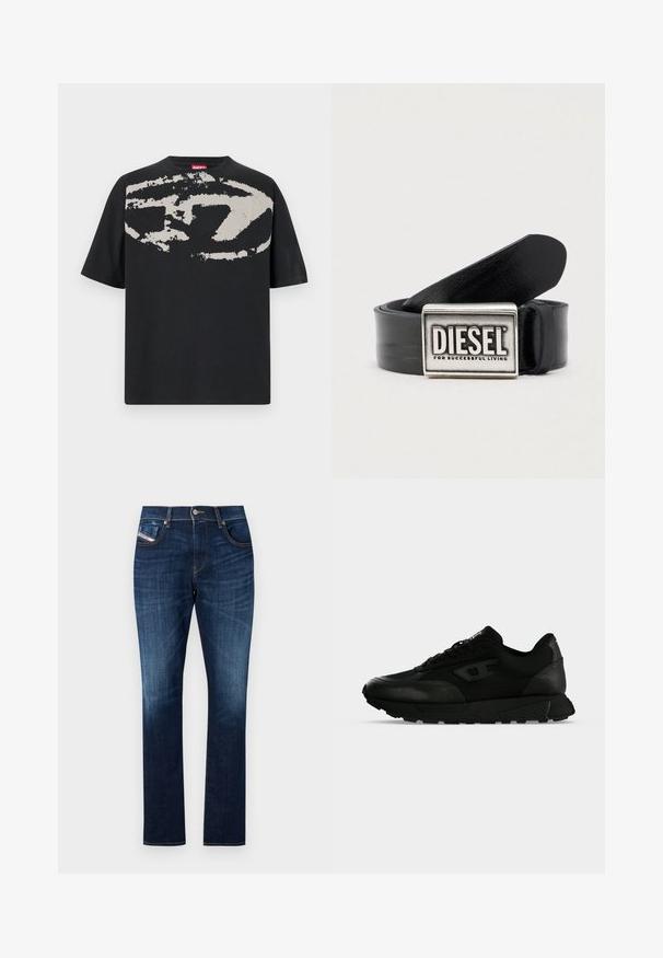 Schwarzes T-Shirt mit einem großen, abstrakten hellgrauen Grafik auf der Vorderseite. Mit kurzen Ärmeln und einem klassischen, runden Halsausschnitt. Aus Baumwolle.; Dunkelblaue Denim-Jeans mit geradem Schnitt, Fünf-Taschen-Design, dezentem Ausbleichen und Kontrastnähten entlang der Nähte.; Schwarzer Low-Top-Sneaker mit strukturiertem Leder und Stoffpaneelen, Schnürverschluss und dicker Gummisohle auf einfachem hellem Hintergrund.; Schwarzer Ledergürtel mit einer rechteckigen silbernen Schnalle, auf der der Markenname "DIESEL" und der Satz "FOR SUCCESSFUL LIVING" eingraviert sind. Glatte Textur.