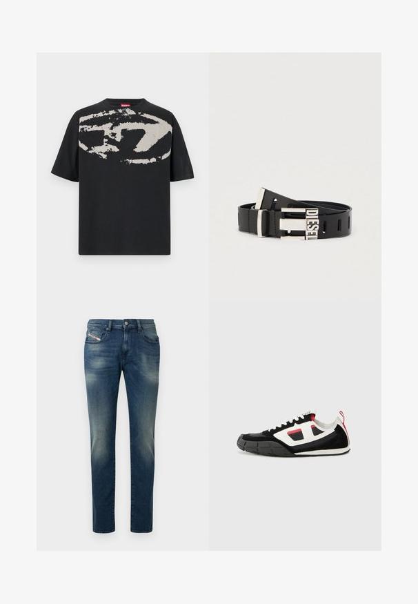 Schwarzes T-Shirt mit einem großen, abstrakten hellgrauen Grafik auf der Vorderseite. Mit kurzen Ärmeln und einem klassischen, runden Halsausschnitt. Aus Baumwolle.; Dunkelblaue Jeans aus Denim mit verwaschenem Look, geradem Bein und leicht abgenutztem Knie. Verfügt über Vordertaschen und einen Metallknopfverschluss.; Diesel S PAGODHA LOW - Sneaker low - black; Schwarzer Ledergürtel mit silberner Metallschließe, auf der das Wort "DIESEL" zu sehen ist. Der Gürtel verfügt über mehrere Einstelllöcher entlang seiner Länge.