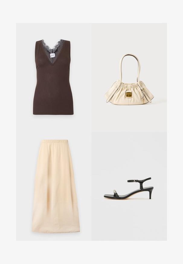 Haut marron sans manches en tissu côtelé avec un décolleté en V profond orné de dentelle noire et une petite étiquette de marque visible au niveau de l'encolure.; Jupe longue beige avec taille élastique et détail de couture subtil, présentée à plat sur un fond clair.; Sandale noire en cuir à talon avec bride à la cheville, bout ouvert, devant carré et accent en métal argenté. Design ajusté avec un profil élégant.; Sac à main en cuir souple couleur crème avec le haut froncé, deux poignées et un petit fermoir rectangulaire doré à l'avant.