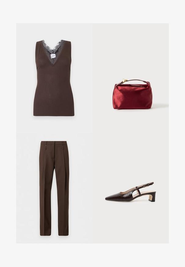 Haut marron sans manches en tissu côtelé avec un décolleté en V profond orné de dentelle noire et une petite étiquette de marque visible au niveau de l'encolure.; Pantalon marron sur mesure à jambes droites, doté de passants pour ceinture et de plis sur le devant, présenté sur un fond blanc uni.; Chaussure slingback en cuir marron foncé à texture crocodile, bout pointu, talon bas bloc et bride ajustable avec boucle dorée.; Trousse de maquillage en satin bourgogne de forme rectangulaire, avec fermeture éclair et une poignée courte. Présente un design minimaliste et une texture lisse.