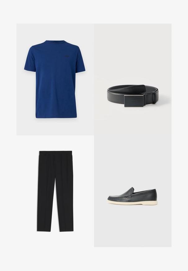 T-shirt bleu à manches courtes en coton, avec un col rond et un petit logo noir sur le côté gauche de la poitrine. Texture lisse.; Pantalon noir à jambe droite avec taille élastique et poches latérales, présenté à plat sur fond blanc.; Mocassin noir en cuir à enfiler avec semelle beige, positionné en suspension près d'un porte-revues en fil métallique sur un sol en terrazzo.; Ceinture en cuir noir enroulée avec une boucle noire mate rectangulaire et un logo embossé discret sur fond blanc.