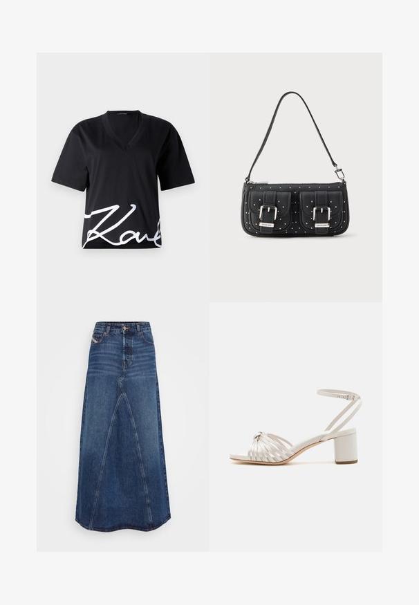 Sort V-hals T-shirt lavet af blødt stof, med korte ærmer og et stort hvidt signaturtryk nederst på fronten.; Denim maxi nederdel med en tætsiddende talje, svajet silhuet og midt-blå nuance. Distinkt diagonale søm-detaljer og rå kant.; Creme blok-hælede sandal med snoet stropdesign, glat tekstur, justerbar ankelstrop og åben tå.; Sort læderhåndtaske med to forlommer med sølvs spænder, nitteaccenter og en enkelt justerbar skulderrem.
