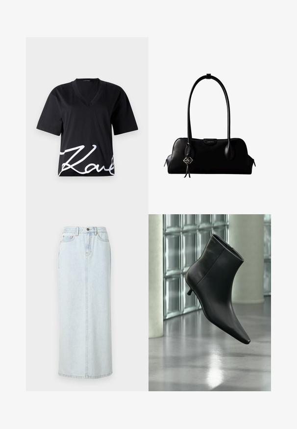 Schwarzes V-Ausschnitt-T-Shirt aus weichem Stoff, mit kurzen Ärmeln und einem großen weißen Signaturdruck auf der unteren Vorderseite.; Hellblauer Denim-Maxi-Rock mit geradem Design, vorderer Knopfverschluss und sichtbaren Nähten. Verfügt über zwei Fronttaschen.; Schwarzer Leder-Stiefelette mit spitzer Zehenpartie und niedrigem Kitten-Heel, schräg dargestellt vor einem polierten Boden und einer Glasbausteinwand.; Schwarze Lederhandtasche von Calvin Klein mit langen Henkeln, einem vorderen Logo-Tag und einem silbernen geometrischen Anhänger, der an einem Henkel hängt.