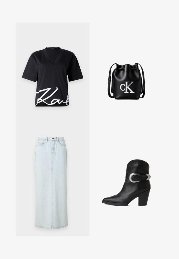 Schwarzes V-Ausschnitt-T-Shirt aus weichem Stoff, mit kurzen Ärmeln und einem großen weißen Signaturdruck auf der unteren Vorderseite.; Hellblauer Denim-Maxi-Rock mit geradem Design, vorderer Knopfverschluss und sichtbaren Nähten. Verfügt über zwei Fronttaschen.; Schwarze Leder-Stiefelette mit spitzer Zehe, klobigem Absatz und einem breiten Riemen mit einer kreisförmigen silbernen Schnalle an der Seite. Glatte Textur.; Schwarze Leder-Bucket-Bag mit Kordelzugverschluss oben und weißem "cK" Logo auf der Vorderseite, mit verstellbarem Schulterriemen.