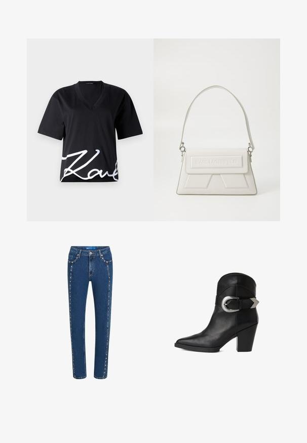 Schwarzes V-Ausschnitt-T-Shirt aus weichem Stoff, mit kurzen Ärmeln und einem großen weißen Signaturdruck auf der unteren Vorderseite.; Dunkelblaue Denim-Jeans mit geradem Schnitt, featuring kontrastierenden Nähten und dekorativen Nieten entlang der Seitennaht und der vorderen Taschen.; Schwarze Leder-Stiefelette mit spitzer Zehe, klobigem Absatz und einem breiten Riemen mit einer kreisförmigen silbernen Schnalle an der Seite. Glatte Textur.; Weiße Lederhandtasche mit strukturiertem Design, ausgestattet mit einem oberen Klappdeckel, geprägtem Logo und einem schlanken Schulterriemen, verziert mit silbernen Beschlägen.