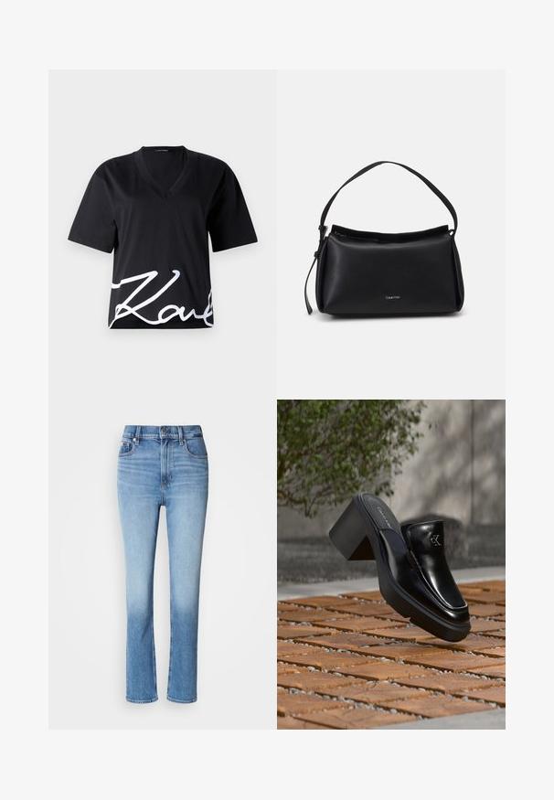 Schwarzes V-Ausschnitt-T-Shirt aus weichem Stoff, mit kurzen Ärmeln und einem großen weißen Signaturdruck auf der unteren Vorderseite.; Blaue Jeans aus Denim mit hoher Taille, gerader Beinführung, verblasstem Farbverlauf und fünf Taschen. Metallknopf- und Reißverschluss.; Schwarze Leder-Slip-on-Mule von Calvin Klein mit Blockabsatz, die auf Holzfliesen im Freien nahe einer grünen Pflanze und einer grauen Wand ruht.; Schwarze Lederhandtasche mit geschwungener Form, einem einzigen Tragegurt und einem oberen Reißverschluss. Verfügt über ein dezentes Logo auf der Vorderseite zur Markenidentifikation.