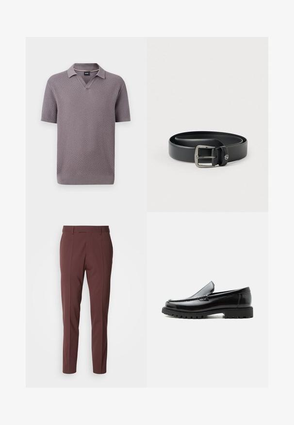 Polo en maille mauve à manches courtes avec motif gaufré texturé, col ouvert, poignets et ourlet côtelés, avec une petite étiquette noire à l’intérieur du col.; BOSS GEORGE - Pantalon classique - open red; Mocassin en cuir noir avec semelle en caoutchouc épaisse, dessus cousu et nom de marque embossé sur le talon, présenté de profil sur fond blanc.; Ceinture en cuir noir avec une boucle en métal argenté brillante, texture lisse et bords cousus. Dispose d'une boucle pour fixer l'extrémité de la ceinture.