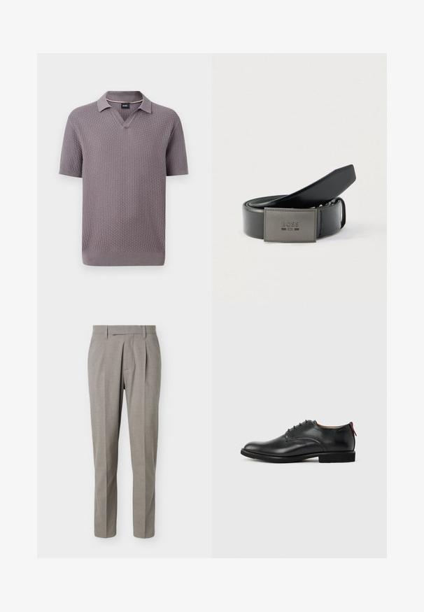 Polo en maille mauve à manches courtes avec motif gaufré texturé, col ouvert, poignets et ourlet côtelés, avec une petite étiquette noire à l’intérieur du col.; Pantalon gris clair sur mesure à jambes droites, passants pour ceinture, plis avant et taille nette sur fond blanc.; Chaussure habillée pour homme en cuir noir, à lacets sur l'avant, avec une languette rouge au talon, sur fond uni.; Ceinture en cuir noir avec une finition lisse, dotée d'une boucle rectangulaire en métal gris embossée du logo "BOSS". Design élégant et simple.