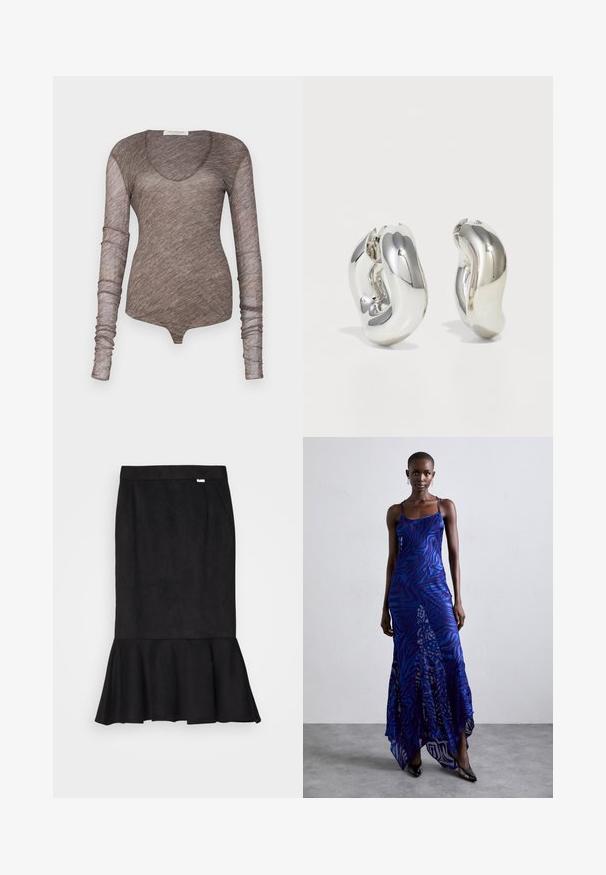 Kohverine pruun pikka varrukatuga bodi, mis on valmistatud kergest, läbipaistvast kangast. Omab ümarat kaelust ja tihedaid varrukaid siledast tekstuurist.; MIKAGE SHIN MERMAID SLIT SKIRT - Pliiatsseelik - black; Sinine ja lilla loomade mustriga maksikleit õhukeste rihmadega, keha lähedane pealisosa, laienev allosa ja poolläbipaistev overlays detail.; Hõbedased skulpturaalsed kõrvarõngad, millel on siledad, kaarekujulised vormid ja peegeldavad pinnad. Omavad suletud rõnga disaini ja eristuvat orgaanilist kuju.