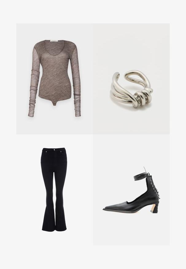 Brun langærmet bodysuit lavet af let, gennemsigtigt stof. Har en scoop halsudskæring og tætsiddende ærmer med en glat tekstur.; Sorte jeans med høj talje, forlommer, knaplukning og udvidede ben mod bunden.; Sort lavhælet lædersko med spids tå, snøredetalje bagpå og ankelrem mod en ensartet hvid baggrund.; Justerbar sølvfarvet metalring med snoede strenge og et knudet design, poleret finish med glatte overflader og kurver.
