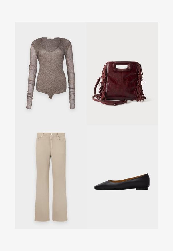 Brun langærmet bodysuit lavet af let, gennemsigtigt stof. Har en scoop halsudskæring og tætsiddende ærmer med en glat tekstur.; Beige flagrende jeans lavet af blødt bomuld. Har et klassisk fem-lomme-design, knaplukning og pæne syninger langs kanterne.; Sort læder flad sko med spids tå, lav hæl og glat finish, vist fra siden på en lysegrå baggrund.; Firkantet burgunderfarvet læderhåndtaske med udskåret håndtag, sideskvaster og justerbar skulderrem på ensfarvet baggrund.