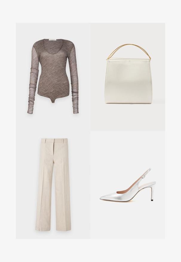 Ruskea pitkähihainen bodysuit, joka on valmistettu kevyestä, läpinäkyvästä kankaasta. Siinä on pyöreä pääntie ja tiukasti istuvat hihat, joilla on sileä pinta.; Beige levelelah yapılı, hafif kumaştan geniş paça pantolonlar, pürüzsüz bir dokuya ve temiz ön plitelere sahiptir. Bel bandı, kemer halkaları ile tasarlanmıştır.; Hopeanvärinen, kärkiosa terävä slingback-korkokenkä, jossa solkipanta ja hoikka keskipitkä korko.; Rakenteellinen olkalaukku satiinipinnalla, kermanvärinen, ketjusangalla. Ominaisuuksiin kuuluu tasainen, sileä pinta ja siistit saumat.