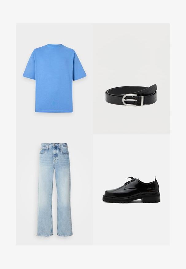 Blaues Baumwoll-T-Shirt mit kurzen Ärmeln, rundem Halsausschnitt und einfarbigem Design. Weicher Textur und lockere Passform.; Helle blaue weite Jeans mit hoher Taille, in verwaschenem Finish, mit Gürtelschlaufen und klassischem Fünf-Taschen-Design. Der Saum ist ungesäumt.; Schwarzer polierter Lederschnürschuh mit dicker Gummisohle und niedrigem Absatz, seitlichem Marken-Schriftzug "SAMSOE" und hinterer Zuglasche.; Schwarzer Kunstledergürtel mit Krokodilstruktur und einer silbernen runden Schnalle, aufgewickelt auf einem schlichten weißen Hintergrund.