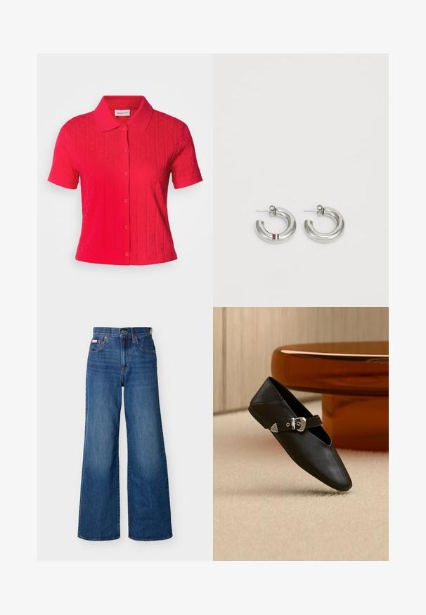 Polo de manga corta rojo hecho de tejido texturizado, con un cuello tipo polo, cierre de botones y un patrón de diamantes en toda la prenda.; Jeans anchos de mezclilla azul con cintura alta, botón frontal, cremallera y diseño de cinco bolsillos sobre un fondo liso.; Zapato plano de cuero negro con punta puntiaguda y correa con hebilla plateada, colocado sobre una alfombra beige frente a una mesa redonda de color ámbar.; Pendientes de aro en tono plata con un diseño liso y redondeado, y un pequeño acento de franjas rojas, blancas y azules. Sujetador de presión seguro.