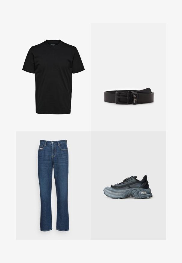 Camiseta negra lisa de manga corta con cuello redondo, ajuste regular y sin patrones ni logotipos visibles.; Jeans de mezclilla en azul oscuro con un diseño de pierna recta. Con bucles para cinturón, dos bolsillos frontales y un cierre de botón en la cintura.; Zapatilla Diesel en negro y gris con suela gruesa, cierre de cordón y diseño texturizado sobre un fondo liso de color gris claro.; Diesel DAVE - Cinturón - t8013