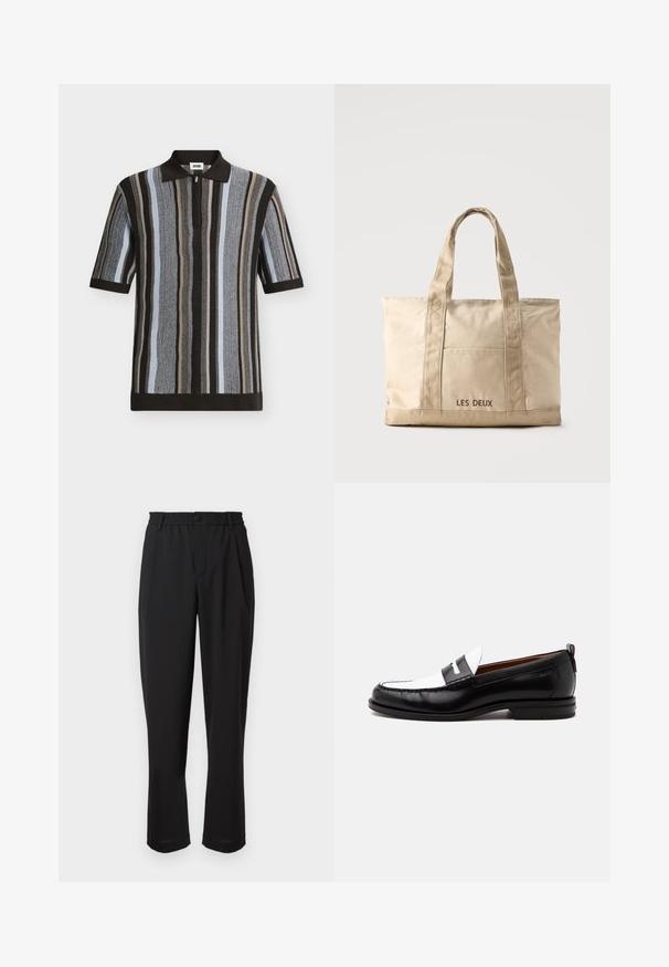 Polo en maille à manches courtes avec des rayures verticales noires, grises, beiges et bleu clair, avec un col noir et une fermeture éclair devant.; Pantalon noir avec une taille élastique, fermeture à bouton et design à jambe droite. Tissu lisse, sans motifs ni accents visibles.; Mocassin en cuir noir et blanc avec des détails cousus, un petit talon et un design slip-on, présenté de profil sur un fond uni.; Sac cabas en toile beige avec deux anses et une poche avant, "LES DEUX" brodé sur la poche.