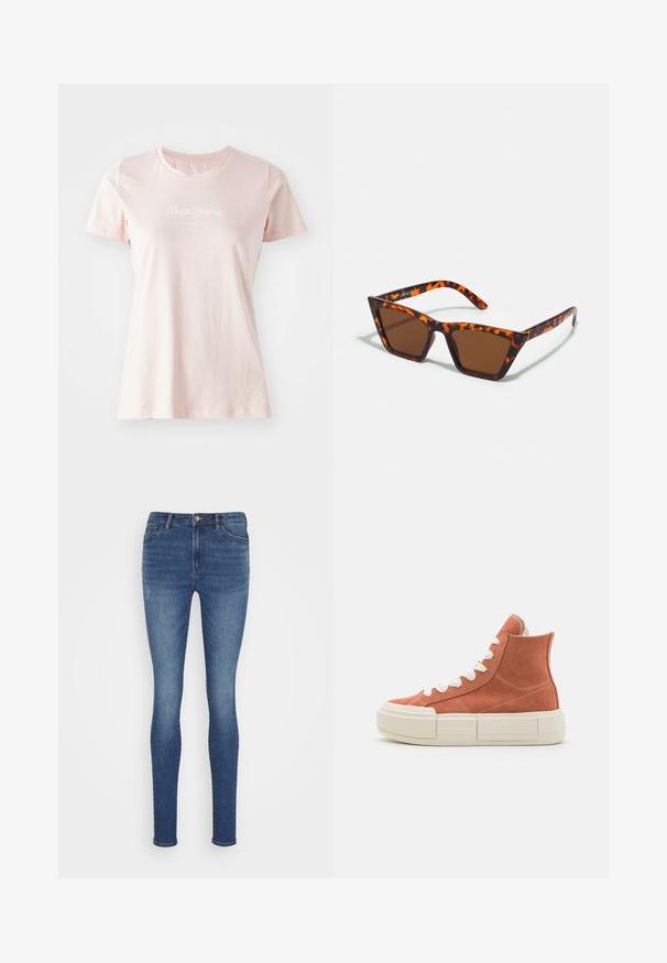 Camiseta de manga corta rosa claro hecha de algodón. Presenta un cuello redondo y el logo "Pepe Jeans London" en blanco en la parte frontal.; Jeans ajustados de denim azul oscuro, con cinco bolsillos, cierre de botón y un ligero desgastado en la parte frontal para variar la textura.; Zapatillas altas de ante terracota con cordones blancos. Presentan una suela gruesa de color crema y detalles de costura en contraste.; Gafas de sol con tonalidades marrones y un patrón de carey, de montura angular y brazos delgados. Material plástico ligero.