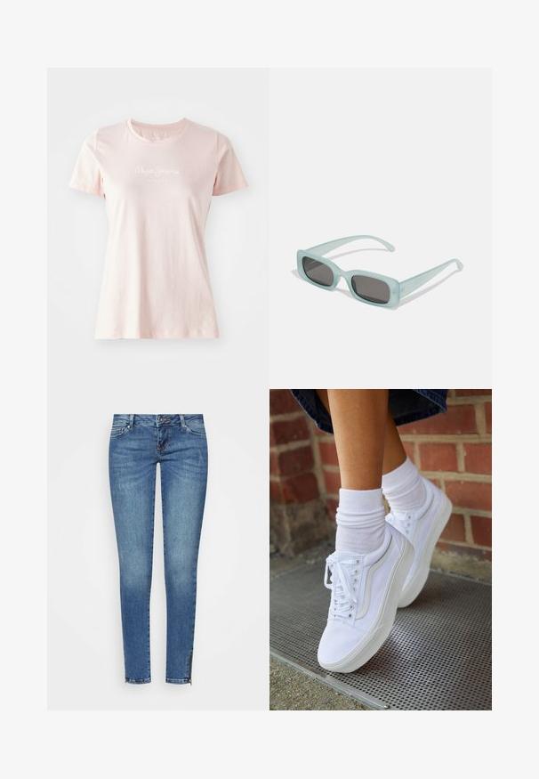 Camiseta de manga corta rosa claro hecha de algodón. Presenta un cuello redondo y el logo "Pepe Jeans London" en blanco en la parte frontal.; ONLY ONLCORAL SKINNY ZIP ANKLE - Vaqueros pitillo - medium blue denim; Zapatillas de lona blancas con suelas de goma, que presentan seis ojales, puntera redonda y detalles de costura ligera, combinadas con calcetines blancos hasta el tobillo.; Un par de gafas de sol rectangulares con montura translucida azul clara y lentes gris oscuro, que cuentan con patillas rectas y detalles de hardware mínimos.