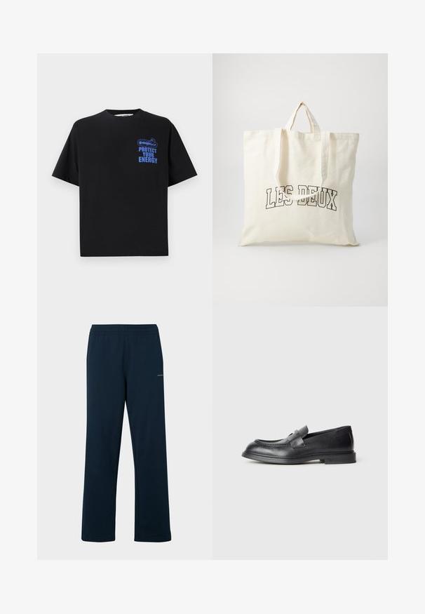 Sort bomulds t-shirt med korte ærmer, der har blå tekst "BESKYT DIN ENERGI" og et grafisk design på den øverste venstre side.; Marineblå joggingbukser lavet af blødt stof, med elastisk talje og afslappet pasform. Ingen synlige mønstre eller metaldele.; Sorte læder loafers med en struktureret finish, der har en dekorativ frontrem og en rundet tå. Gummisål for holdbarhed.; Canvas tote bag i off-white, med korte håndtag og teksten "LES DEUX" trykt i fede sorte bogstaver. Holdbart, simpelt design.