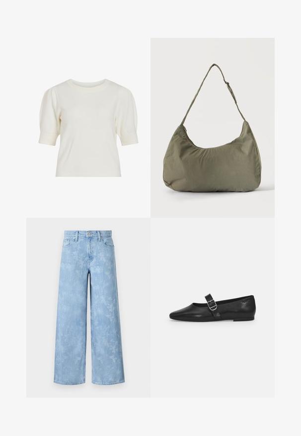 Top de punto blanco de manga corta con cuello redondo y mangas abullonadas. Textura suave y silueta ajustada, adecuado para un uso casual.; Jeans de pernera ancha de un azul claro, con un patrón floral desvanecido, cinco bolsillos y un cierre de botón en la cintura. Tela de mezclilla con ligera textura.; Zapato plano de cuero negro con punta redondeada, una sola correa ajustable con hebilla y una textura suave y brillante. Diseño minimalista con un tacón bajo.; Bolso de hombro de tela suave color verde oliva con cierre de cremallera y correa ajustable sobre un fondo liso y claro.