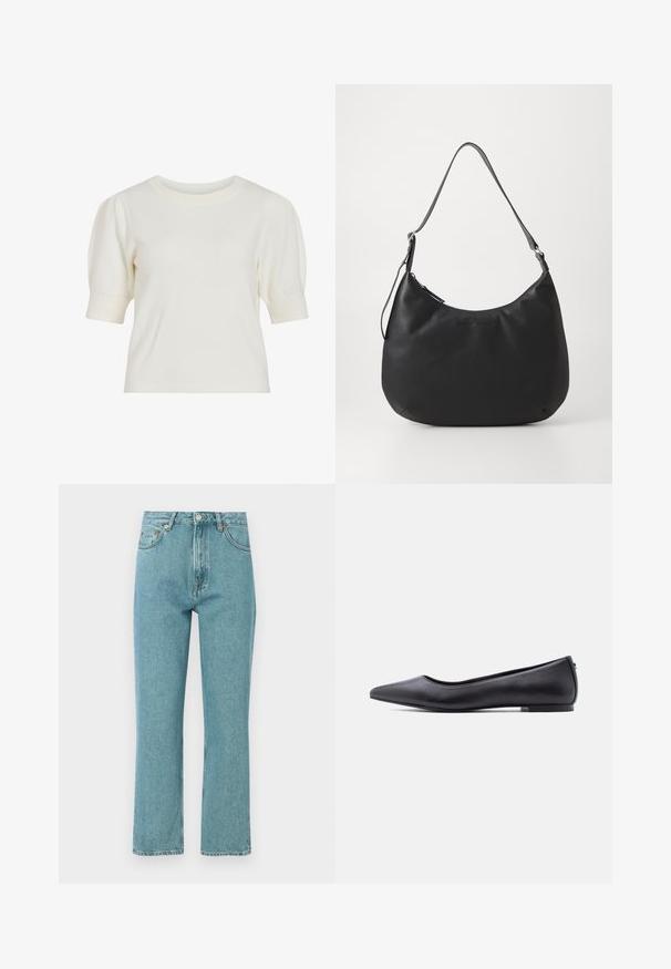 Hvid, kortærmet strikket top med rund halsudskæring og pufærmer. Glat tekstur og tætsiddende silhuet, velegnet til hverdag.; Lyseblå, høj talje jeans med lige ben-design. Lavet af denim, featuring forlommer og knaplukning.; Sort flad lædersko med spidst tåparti og lav hæl, vist i sideprofil mod en hvid baggrund.; Sort hobo-taske lavet af glat, holdbart materiale. Har en enkelt justerbar rem og et subtilt præglogo på forsiden.