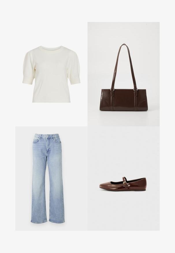 Weißes Kurzarm-Strickoberteil mit rundem Ausschnitt und Puffärmeln. Glatte Textur und figurbetonte Silhouette, geeignet für legere Anlässe.; Helle blaue Wide-Leg-Jeans aus Denim, mit hohem Bund, fünf Taschen und einem Saum mit dezenten Fransen.; Braune Lackleder-Ballerinas mit quadratischer Zehenform und Riemen mit einer kleinen goldenen Schnalle. Glatte Textur, niedriger Absatz und minimalistisches Design.; Braune Lackleder-Handtasche in rechteckiger Form, mit zwei langen Griffen und subtilen, geschwungenen Akzenten auf der Vorderseite.