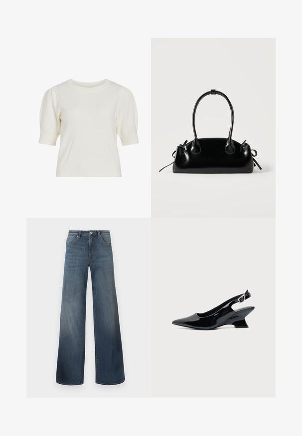 Top en tricot blanc à manches courtes avec un col rond et des manches bouffantes. Texture lisse et silhouette ajustée, adapté pour un look décontracté.; Jeans en denim à jambes larges de couleur bleu foncé, avec une finition déchirée, fermeture à bouton et style à cinq poches. Texture lisse, détails de couture minimalistes.; Chaussure slingback en cuir verni noir avec bout pointu et petit talon bloc incliné sur fond clair uni.; Petit sac à main noir brillant avec deux longues anses et des détails à cordon sur les côtés sur un fond clair uni.